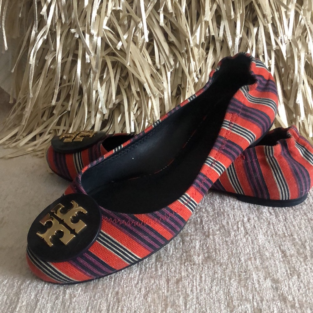 Tory Burch Reva Bauer Stripe Printed Canvas Flats - Picture 3 of 11